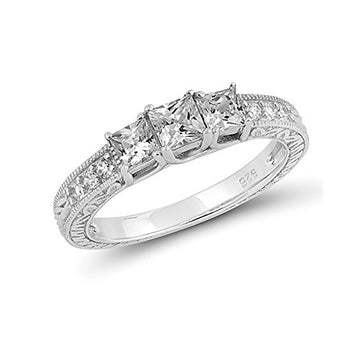 Three Stone Princess Simulated Cubic Zirconia Wedding Ring 925 Sterling Silver
